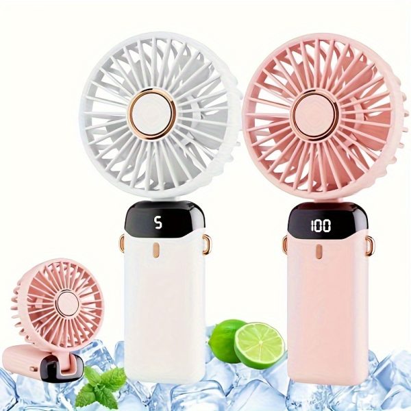 2-piece handheld fan, mini portable fan USB rechargeable, small pocket fan with 5-speed strap and base, fashionable item, USB fan foldable, suitable for outdoor, office, travel, home and school. (White and Pink)